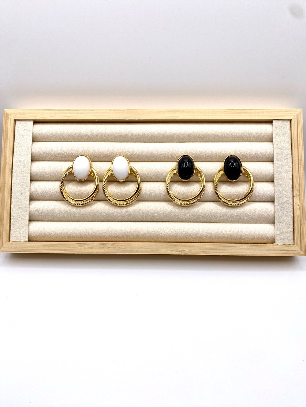 Vintage Gold Double-Ring Drop Earrings Set with White and Black Cabochon